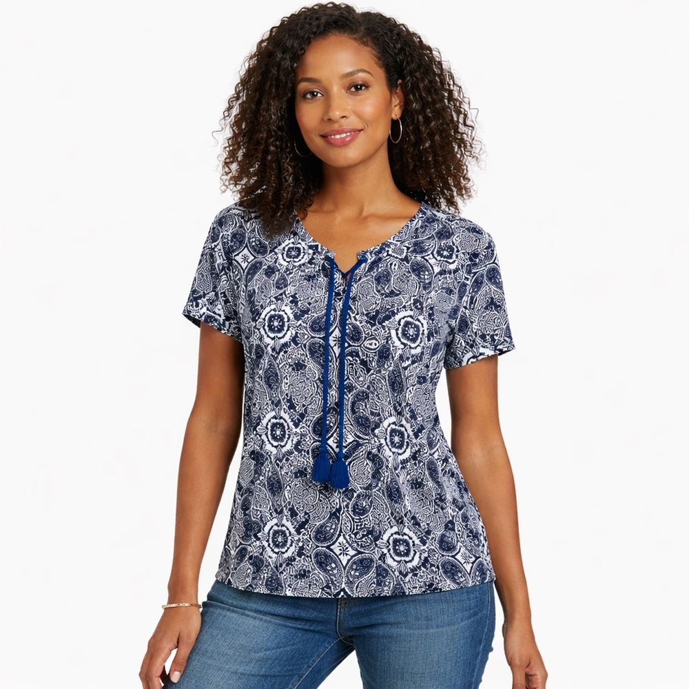 Rebecca Malone Blue White Paisley Tassel Knit Top Medium
